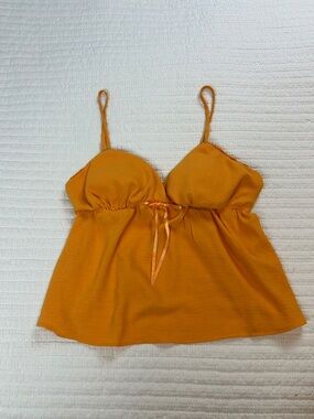 Women's Y2K Spaghetti Strap Babydoll Flowy Cropped Top Size L Mustard Yellow